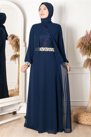 Evening Dress - Chiffon - Full Lined - High Collar - Dark Navy Blue - FHM411FHM411-LACİVERTFahima