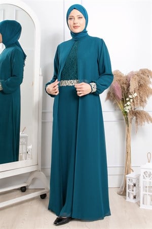 Evening Dress - Chiffon - Full Lined - High Collar - Emerald Green - FHM411FHM411-ZÜMRÜTFahima