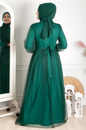 Tulle Detailed Evening Dress Emerald FHM777FHM777-ZÜMRÜTFahima