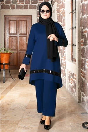 Sequin Detailed Tunic Trouser Suit Indigo Blue FHM806FHM806-İNDİGOFahima