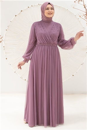 Pearl Stone Detailed Tulle Evening Dresses Lilac FHM830FHM830-LİLAFahima