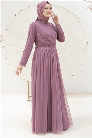 Pearl Detailed Arched Tulle Evening Dress Dress Lilac FHM831FHM831-LİLAFahima