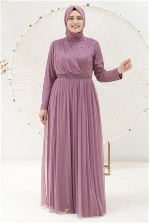 Perlendetailliertes gewölbtes Tüll-Abendkleid Kleid Flieder FHM831FHM831-LİLAFahima