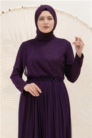 Perlendetailliertes gewölbtes Tüll-Abendkleid Kleid Violett FHM831FHM831-MORFahima