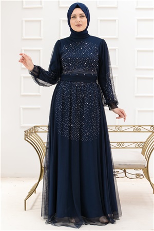 TÜL TAŞ İNCİ DETAYLI ABİYEFHM832-LACİVERTFahima