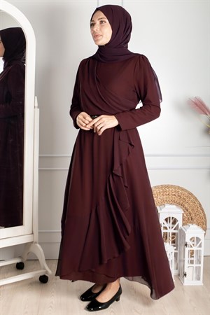 Frill Detailed Islamic Clothing Evening Dress Plum FHM850FHM850-MÜRDÜMFahima