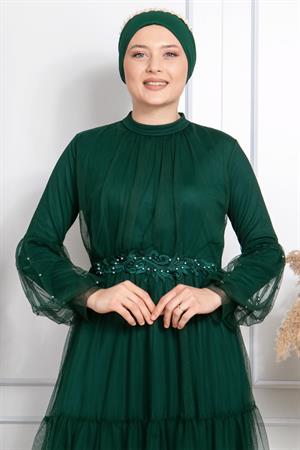 Frill Guipure Embroidered Tulle Evening Dress Emerald FHM864FHM864-ZÜMRÜTFahima