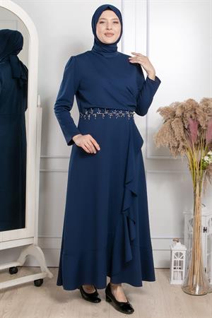 Frilly Stone Embroidered Detailed Dress Navy FHM874 FHM874-LACİVERTFahima