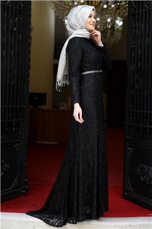 Evening Dress - Lace - Full Lined - High Collar - Black - AMH125AMH125-SİYAHKategorisiz