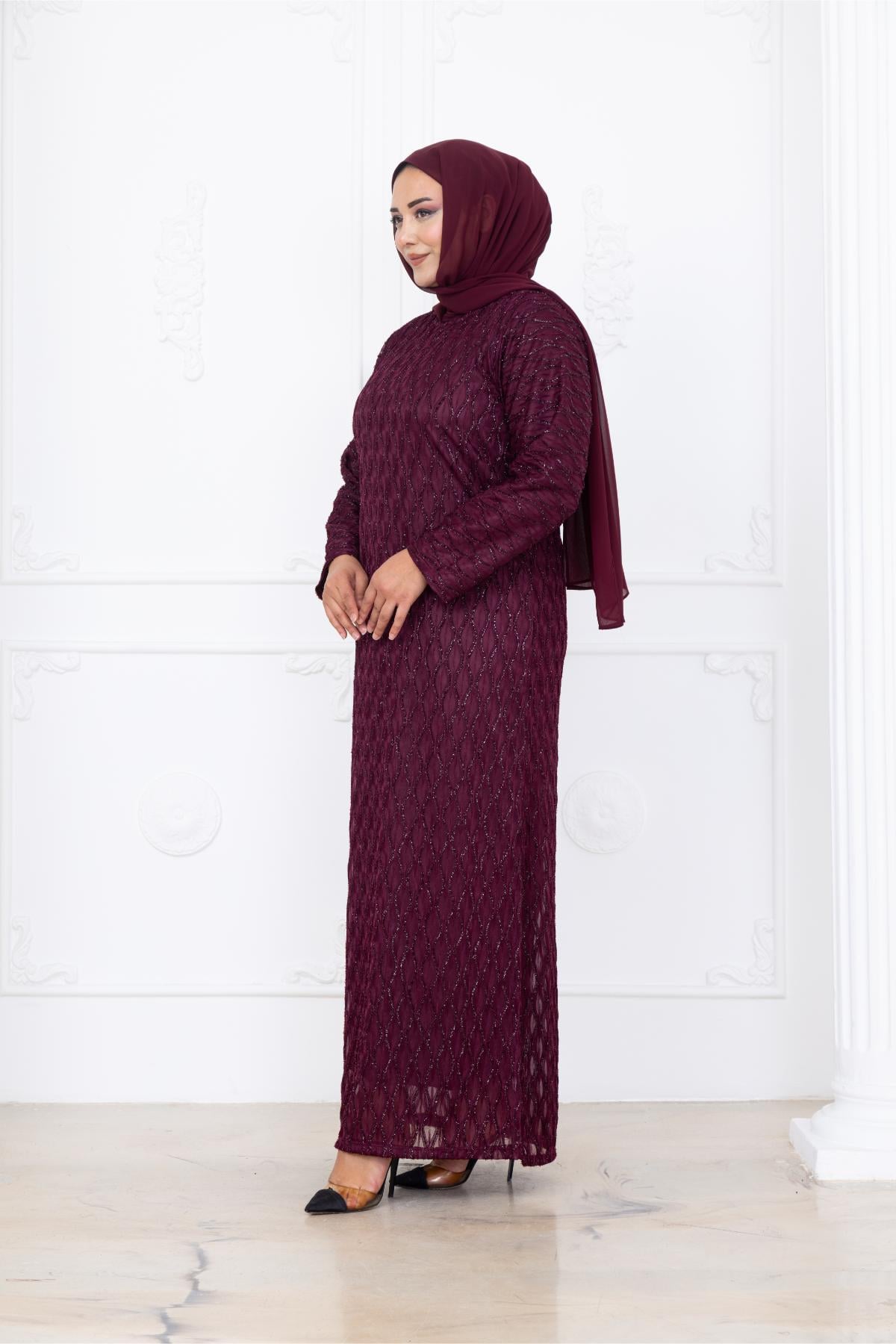 Mahi Simli Dantel Tesettür Abiye Mürdüm AMH1094AMH1094-MÜRDÜMAmine Hüma