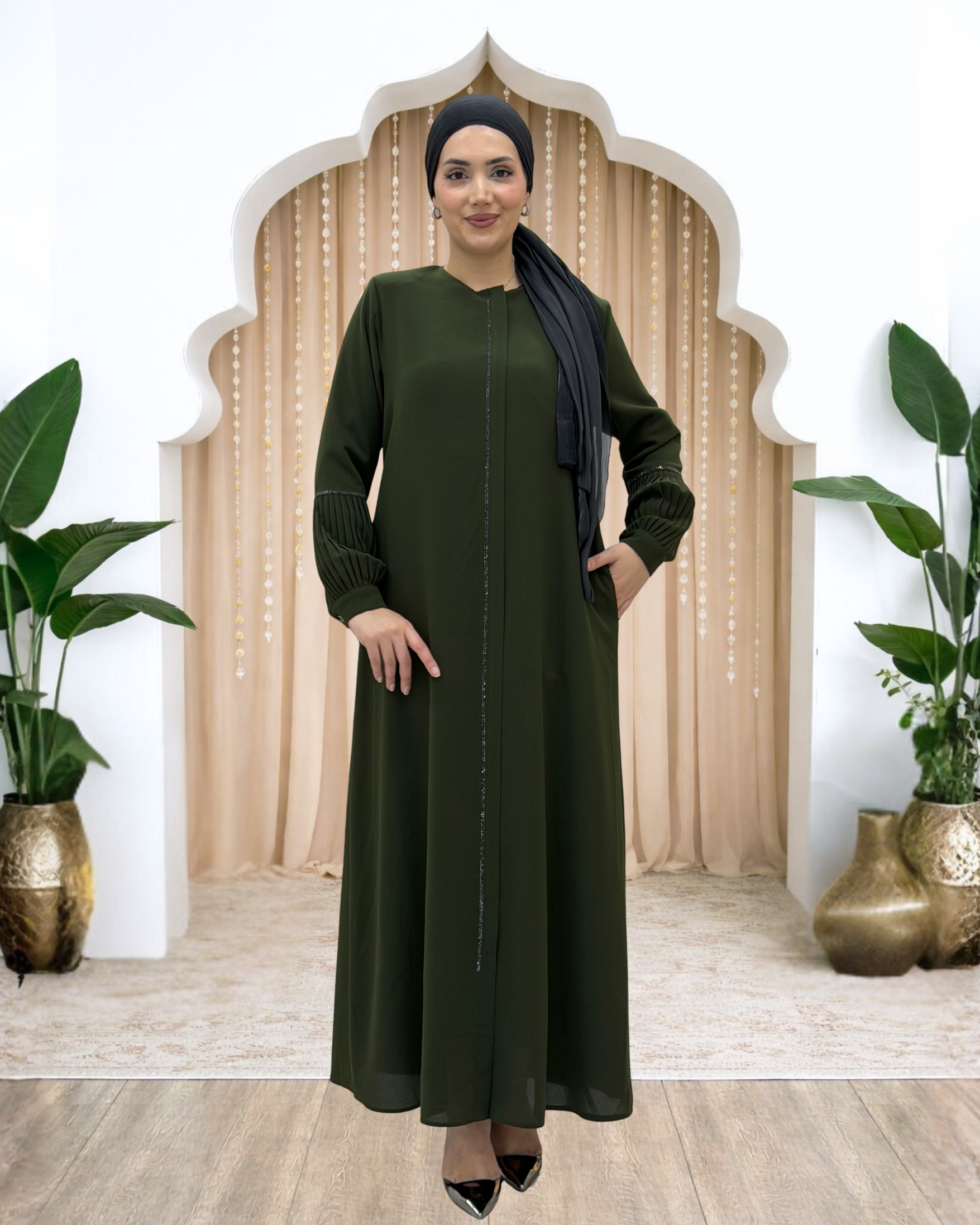 Berna Kolu Pileli Taşlı Ferace Haki AMH1152AMH1152-HakiAmine Hüma