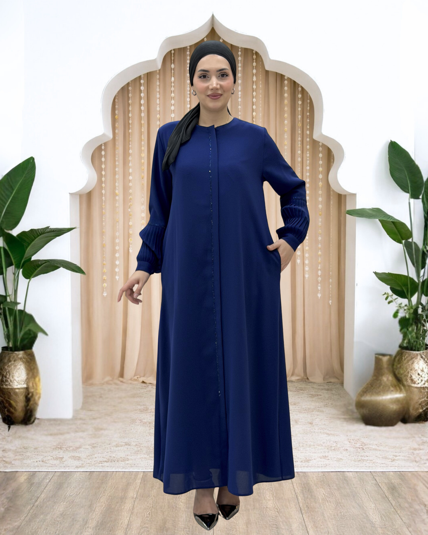 Berna Kolu Pileli Taşlı Ferace İndigo AMH1152AMH1152-İndigoAmine Hüma