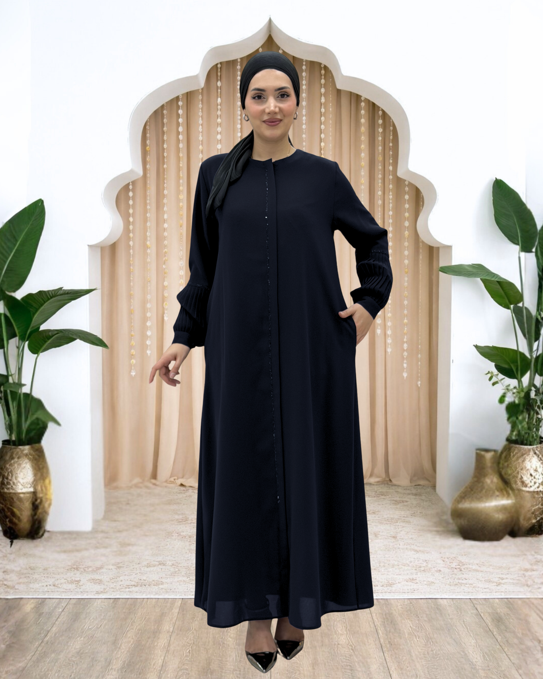 Berna Kolu Pileli Taşlı Ferace Siyah AMH1152AMH1152-SiyahAmine Hüma