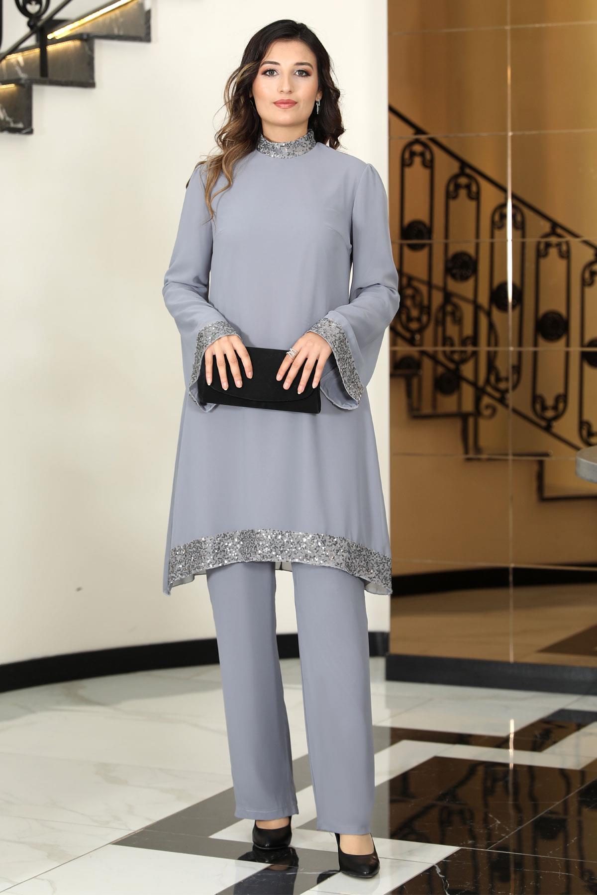 Umay Şifon Tunik Pantolon Takım Lacivert ELB68ELB68-GRİElben