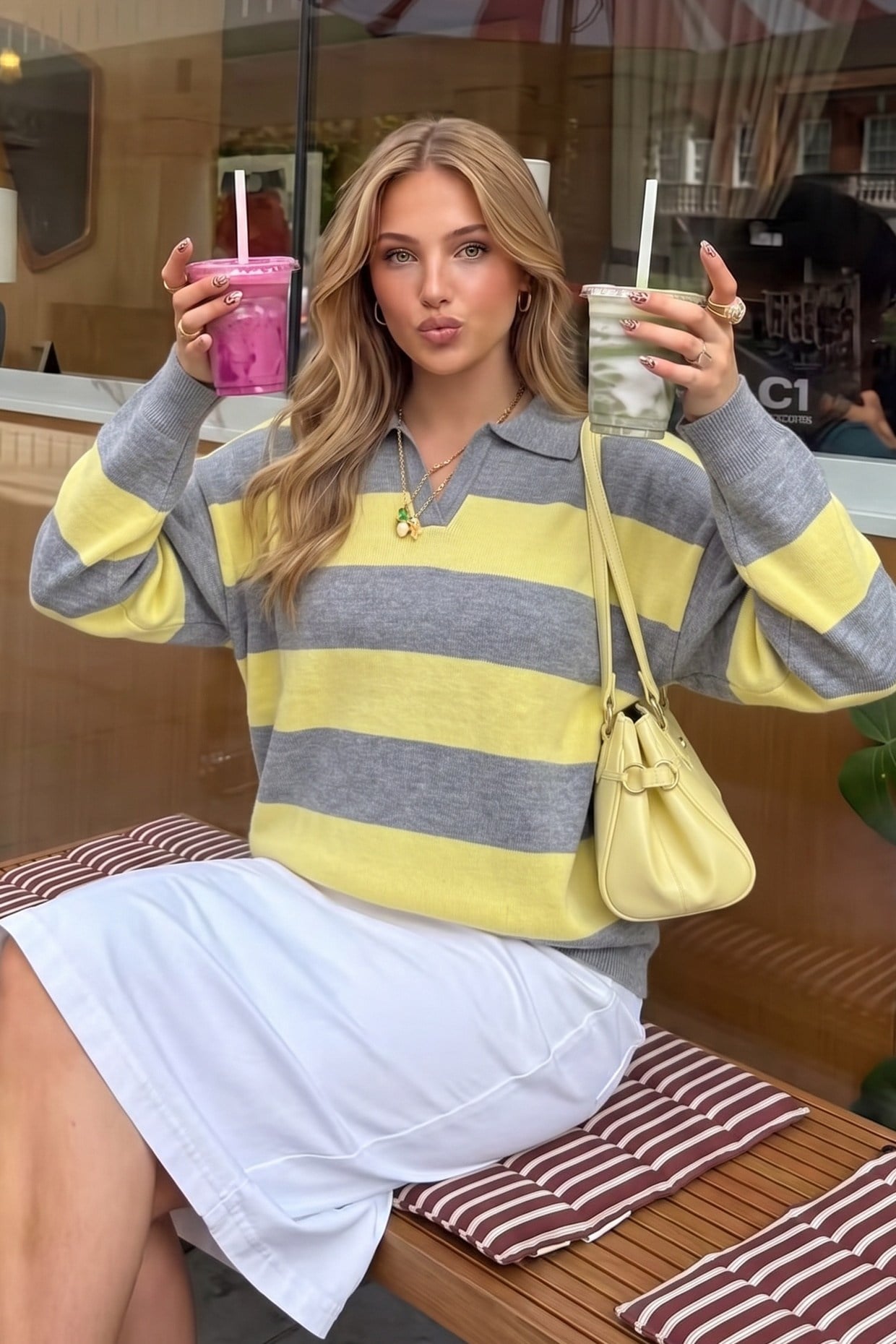 Çizgili Oversize Polo Yaka Triko Kazak Sarı FHM4449FHM4449-SARIFahima