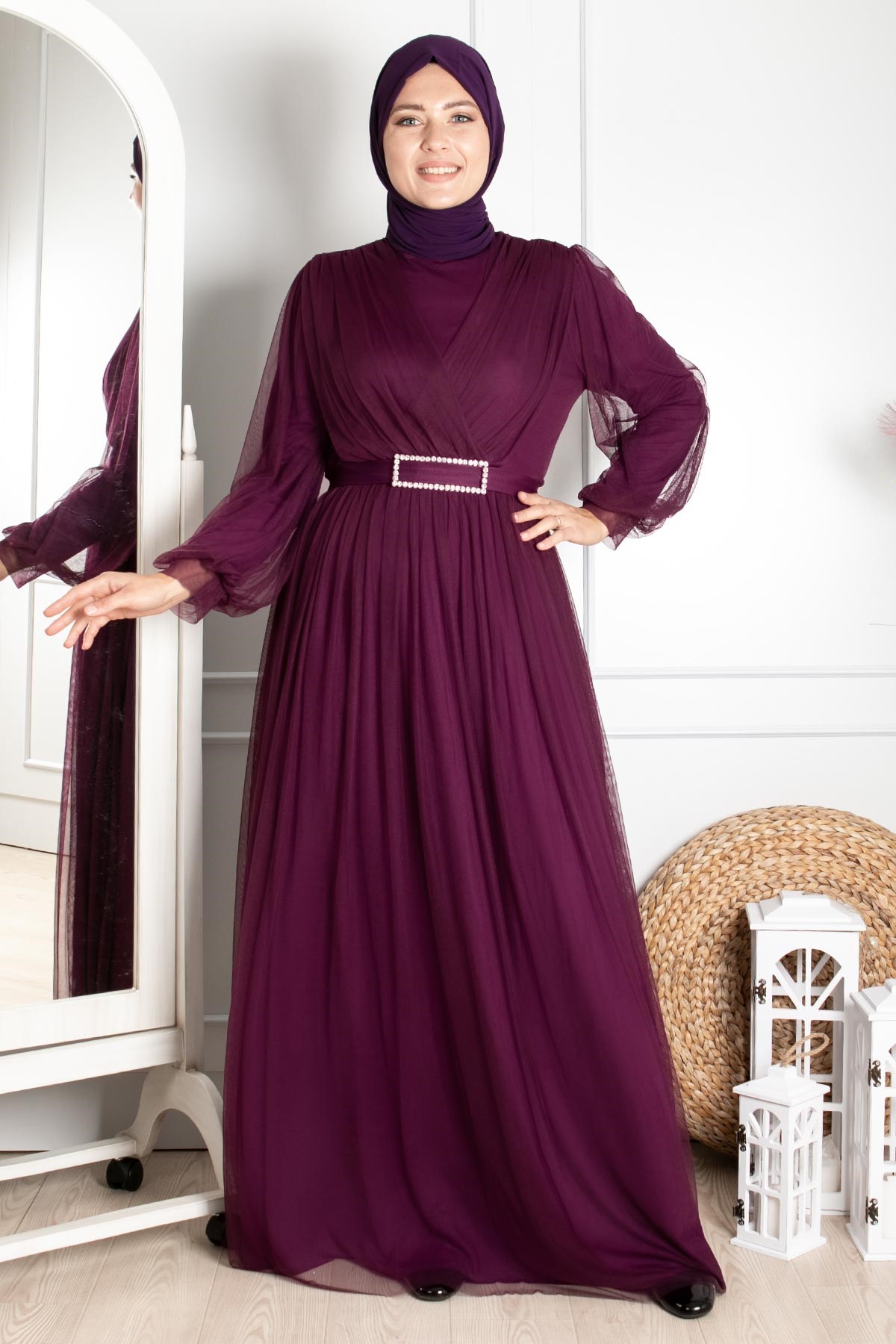 Kemer Detaylı Tül Abiye Elbise Mürdüm FHM777FHM777-MÜRDÜMFahima