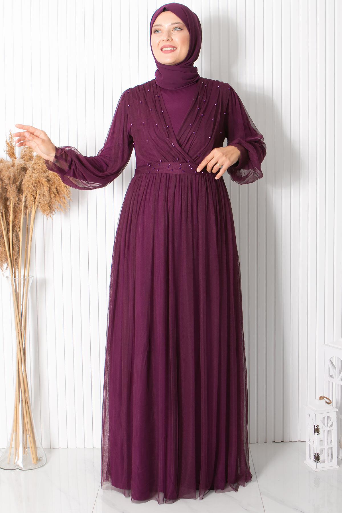 İnci Taş Detaylı Tül Abiye Mürdüm FHM830FHM830-MÜRDÜMFahima