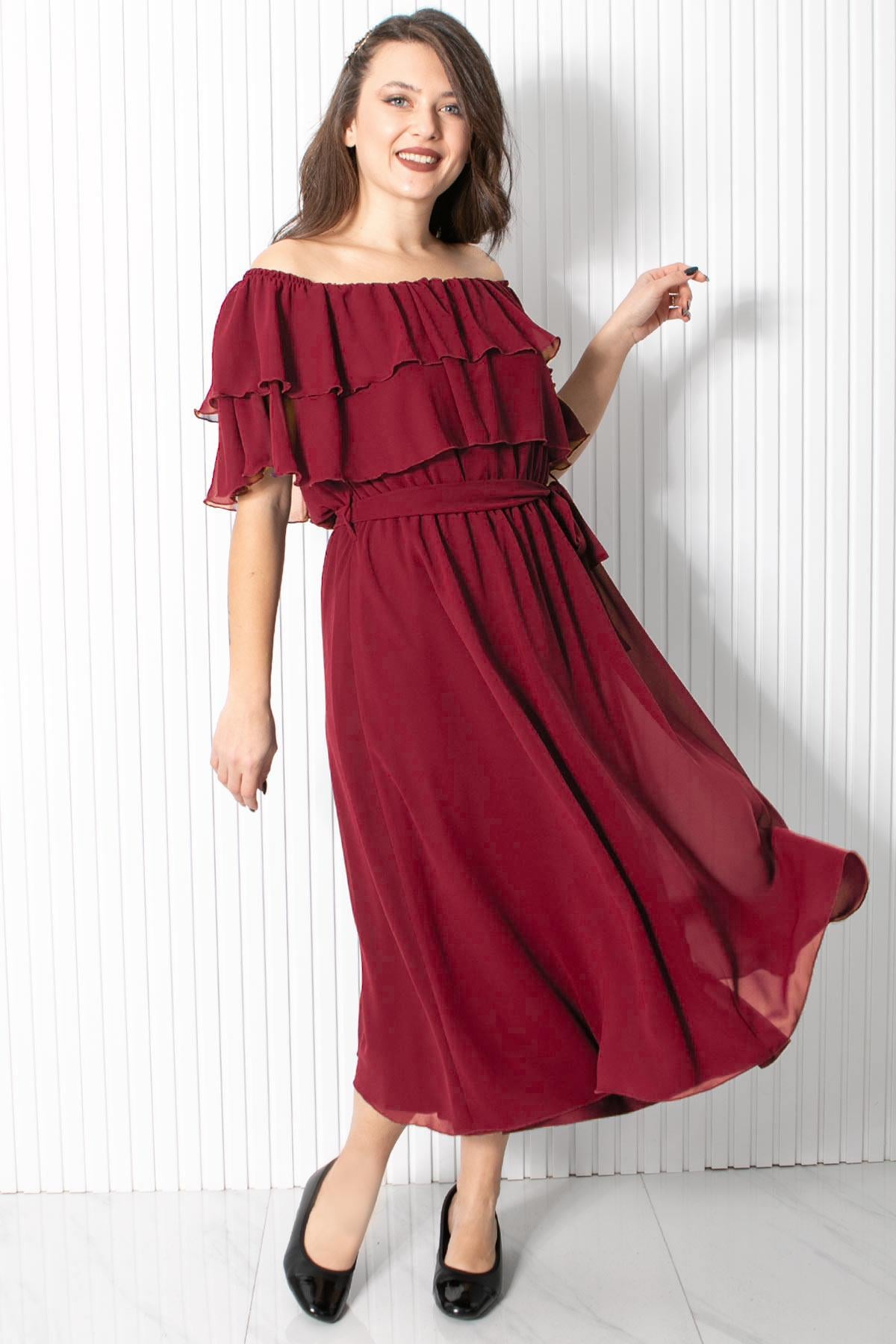 Karmen Yaka Şifon Abiye Elbise Mürdüm FHM918FHM918-MÜRDÜMFahima