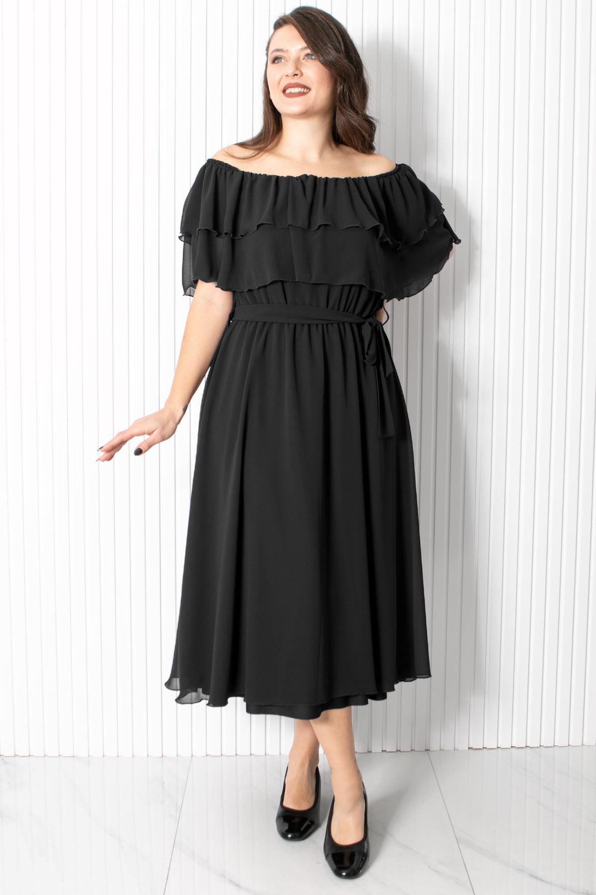 Karmen Yaka Şifon Abiye Elbise Siyah FHM918FHM918-SİYAHFahima