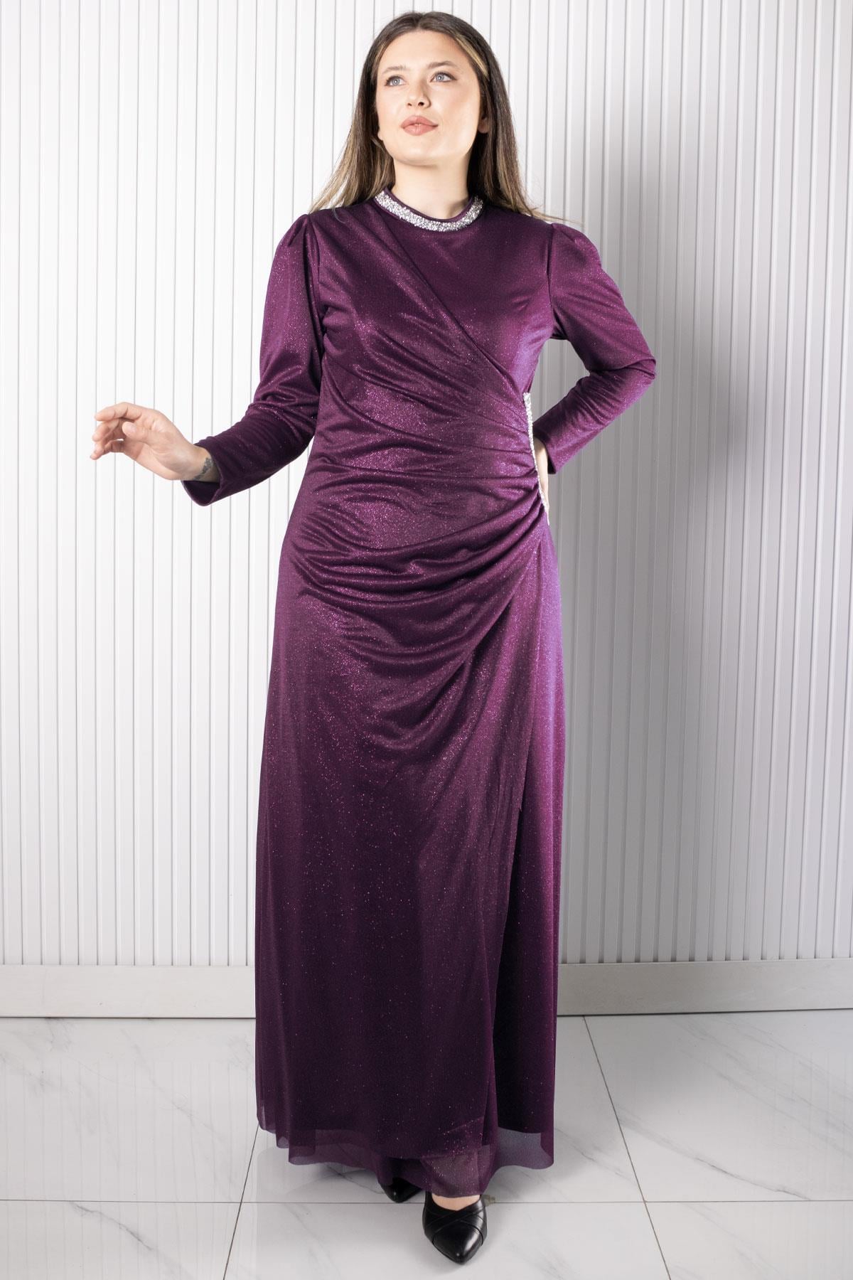 Taş Baskılı Simli Tül Abiye Elbise Mürdüm  FHM956FHM956-MürdümFahima