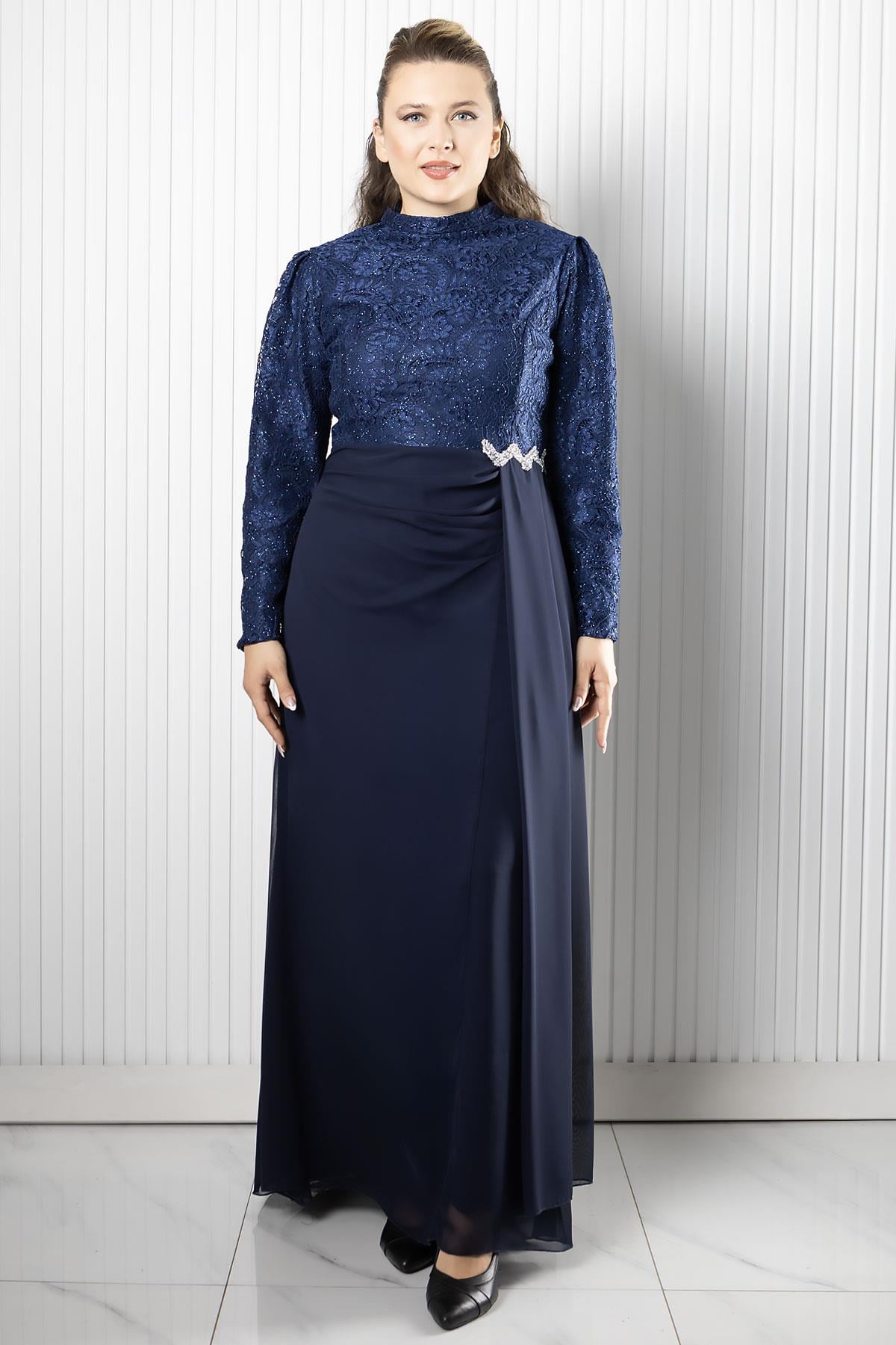 Dantel Şifon Abiye Elbise Lacivert FHM958FHM958-LACİVERTFahima