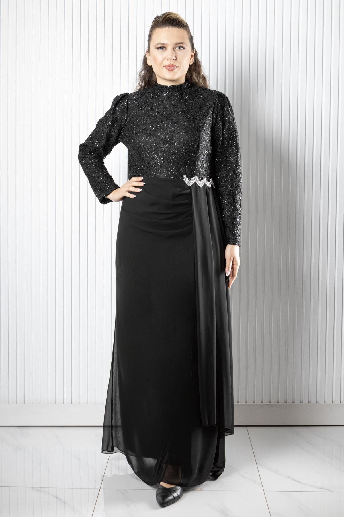 Dantel Şifon Abiye Elbise Siyah FHM958FHM958-SİYAHFahima