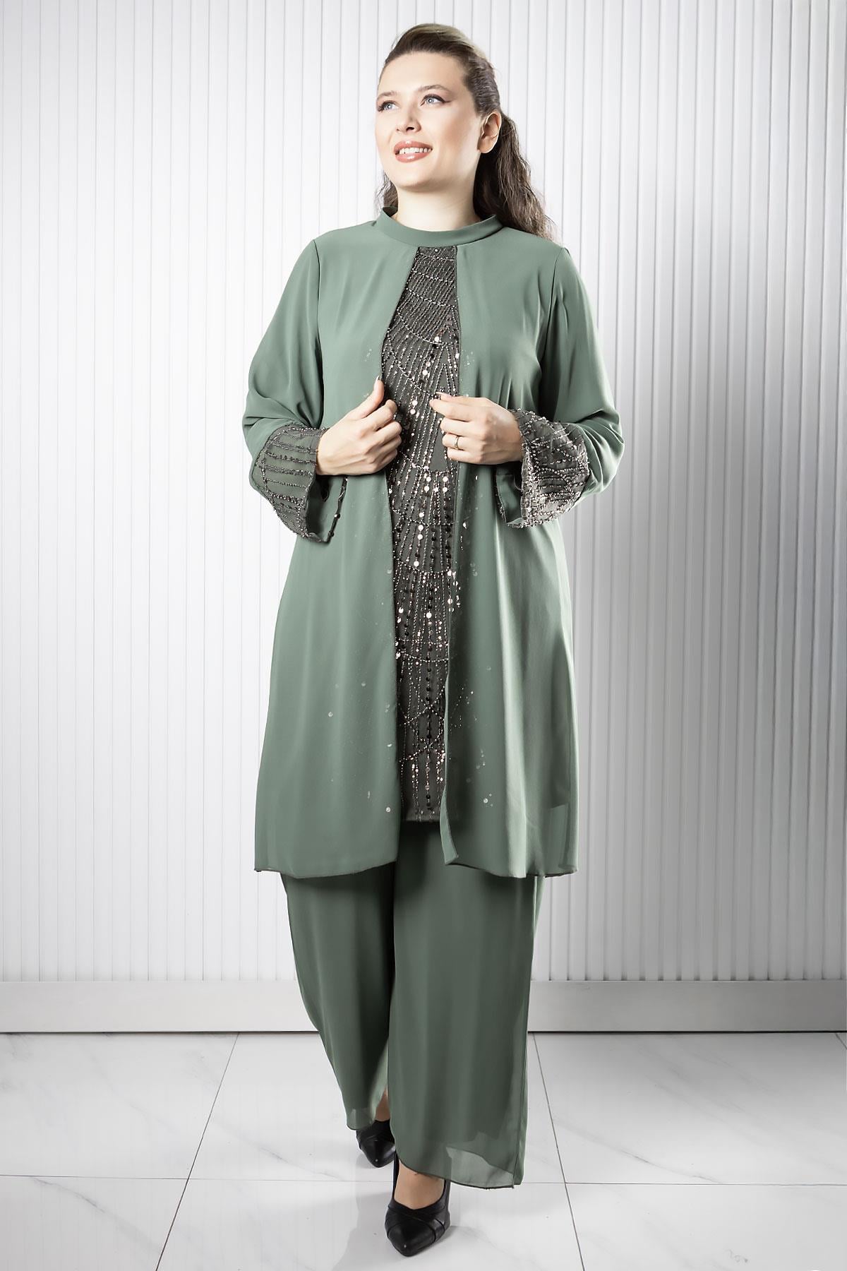 Taş Payet İşlemeli Şifon Pantalon Tunik Takım Haki FHM966FHM966-HAKİFahima