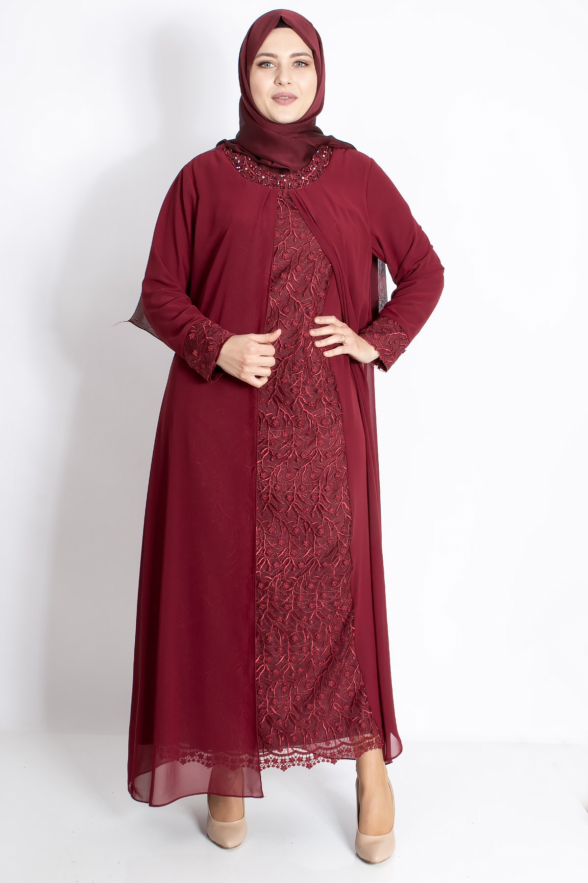 Dantel Detaylı Şifon Abiye Bordo MDA2204MDA2204-BORDOMDA