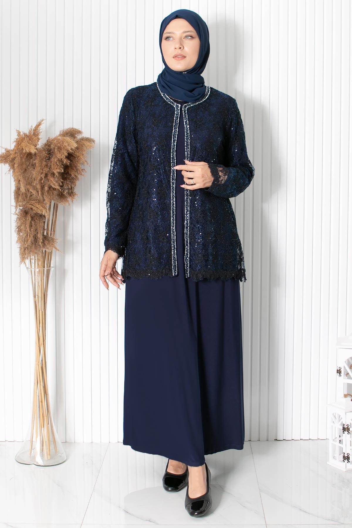 Dantelli Pul Payet Detay Abiye Lacivert MDA2311MDA2311-LACİVERTMDA