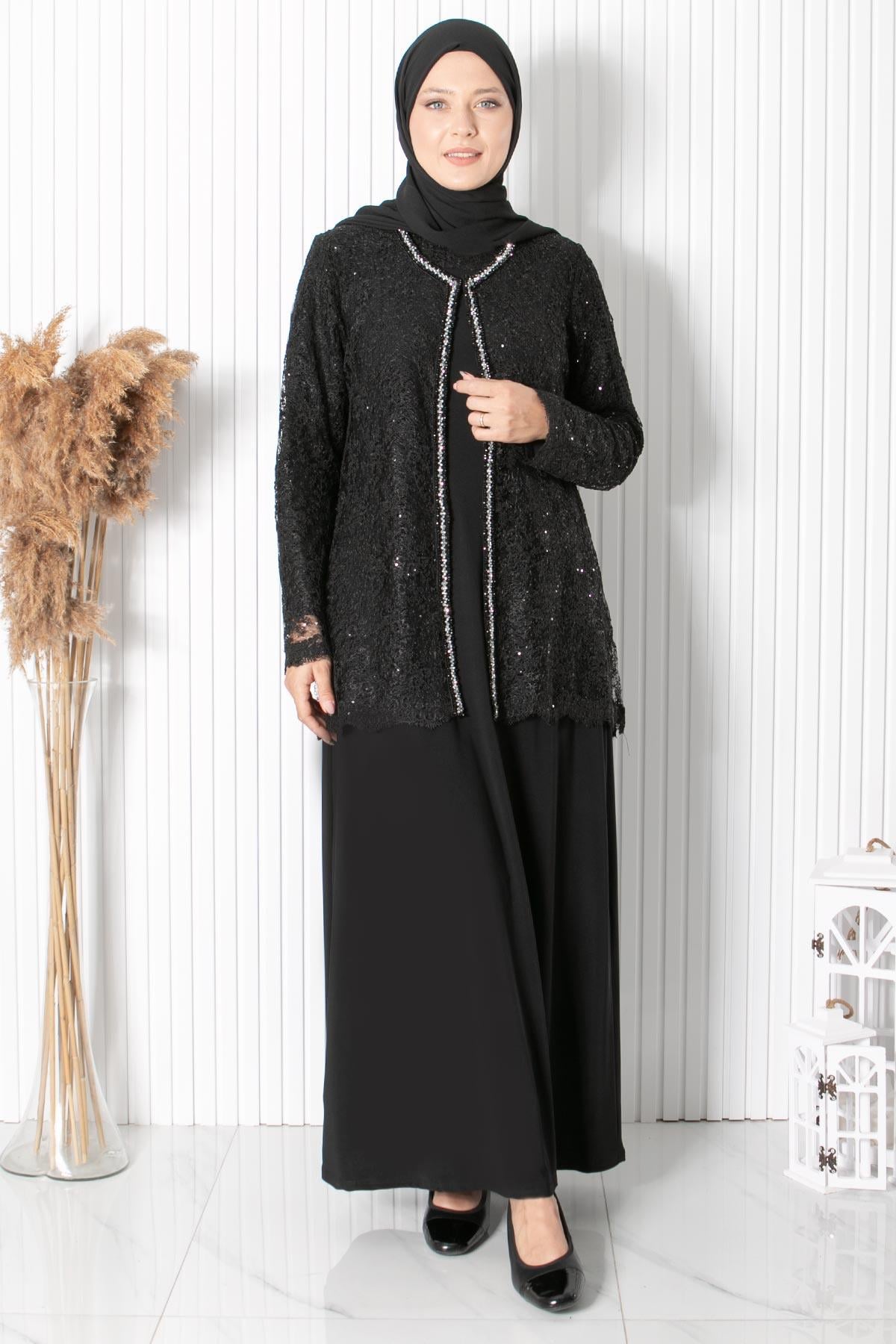 Dantelli Pul Payet Detay Abiye Siyah MDA2311MDA2311-SİYAHMDA