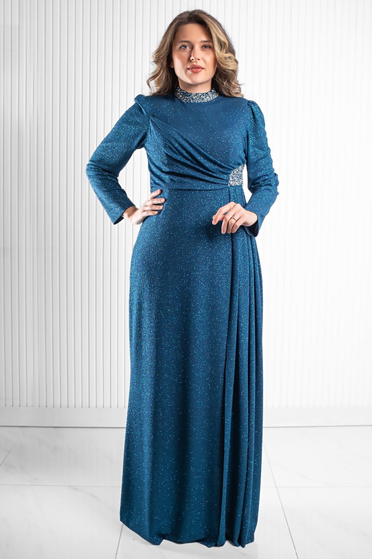 Taş Baskı Detay Simli Abiye Petrol MDA2523MDA2523-PETROLMDA