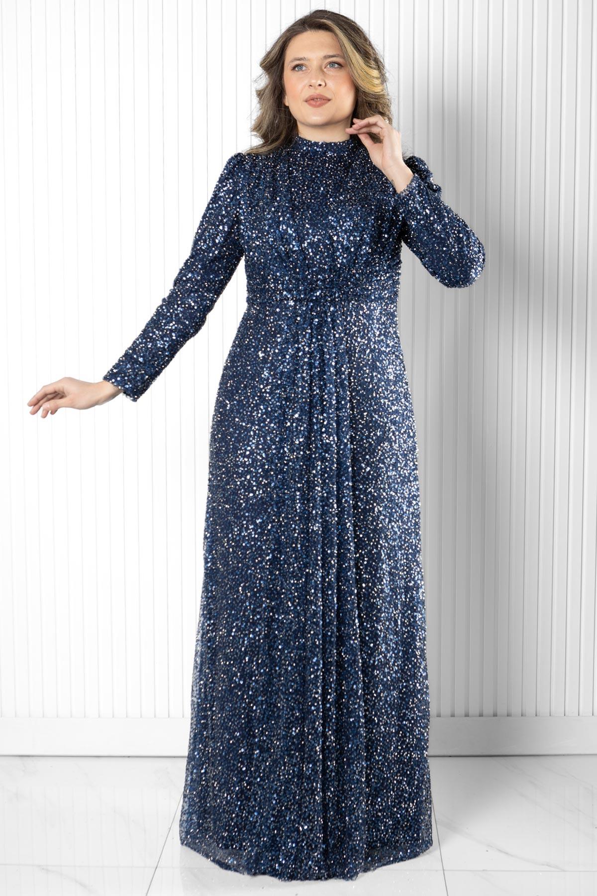 PUL PAYET DETAYLI ABİYE ELBİSE MDA2526-LACİVERTMDA