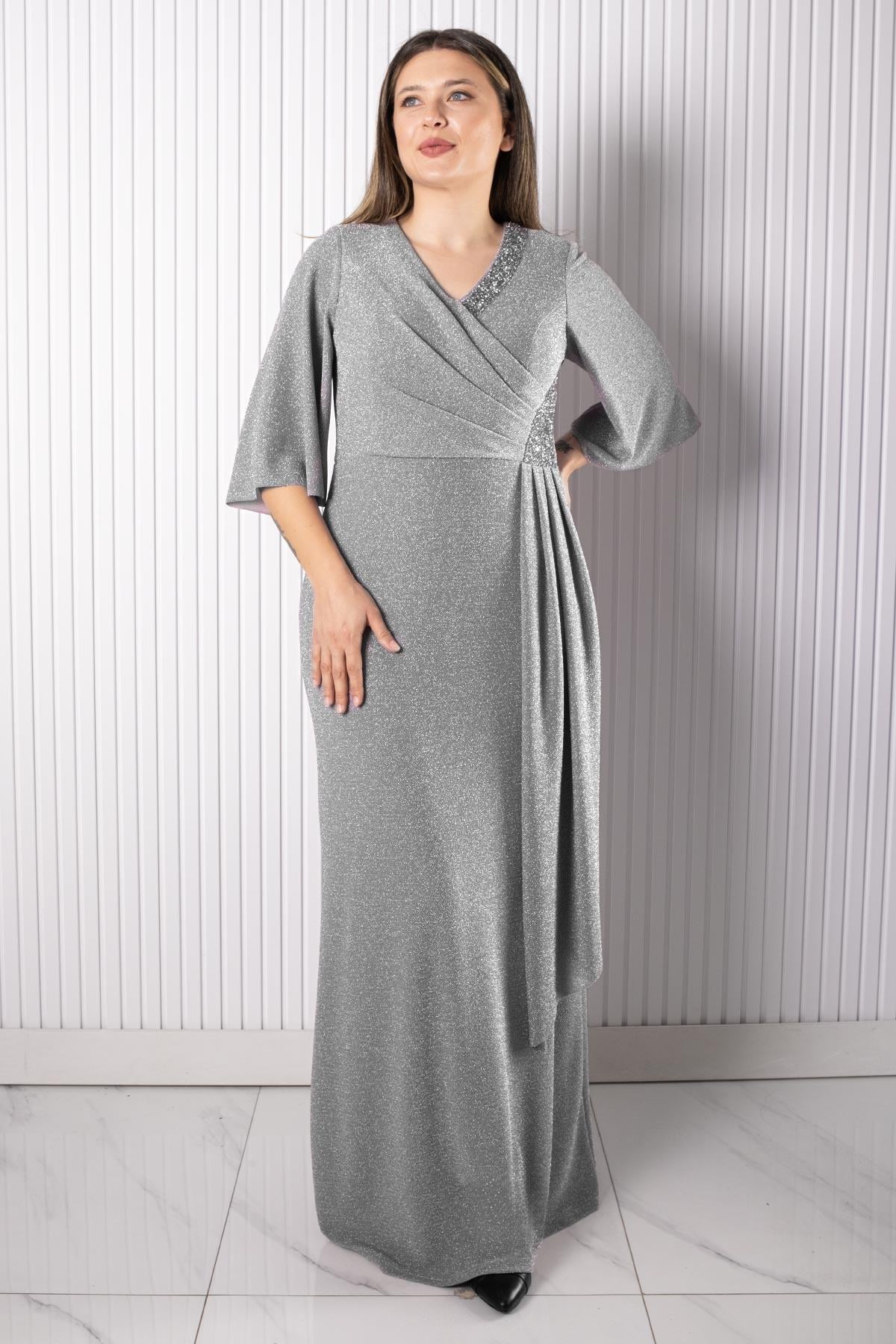 Taş Baskı Detaylı Abiye Gri MDA2541MDA2541-GRİMDA