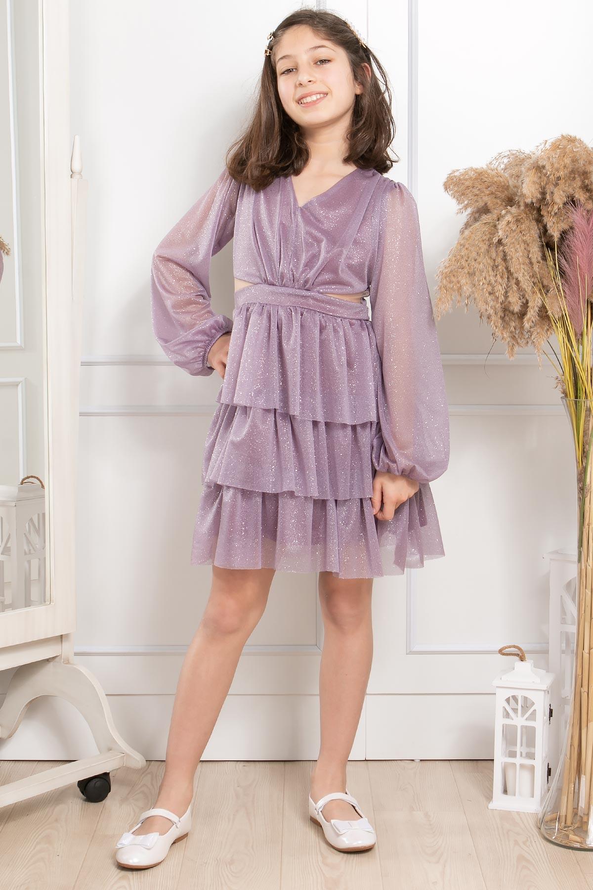 FIRFIRLI SİMLİ TÜL ÇOCUK ABİYEMDV308-LİLAModaviki