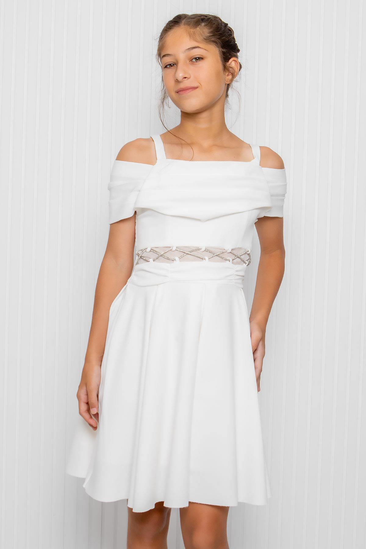 Kız Çocuk Bel Detaylı Abiye Elbise Ekru MDV348MDV348-EKRUModaviki