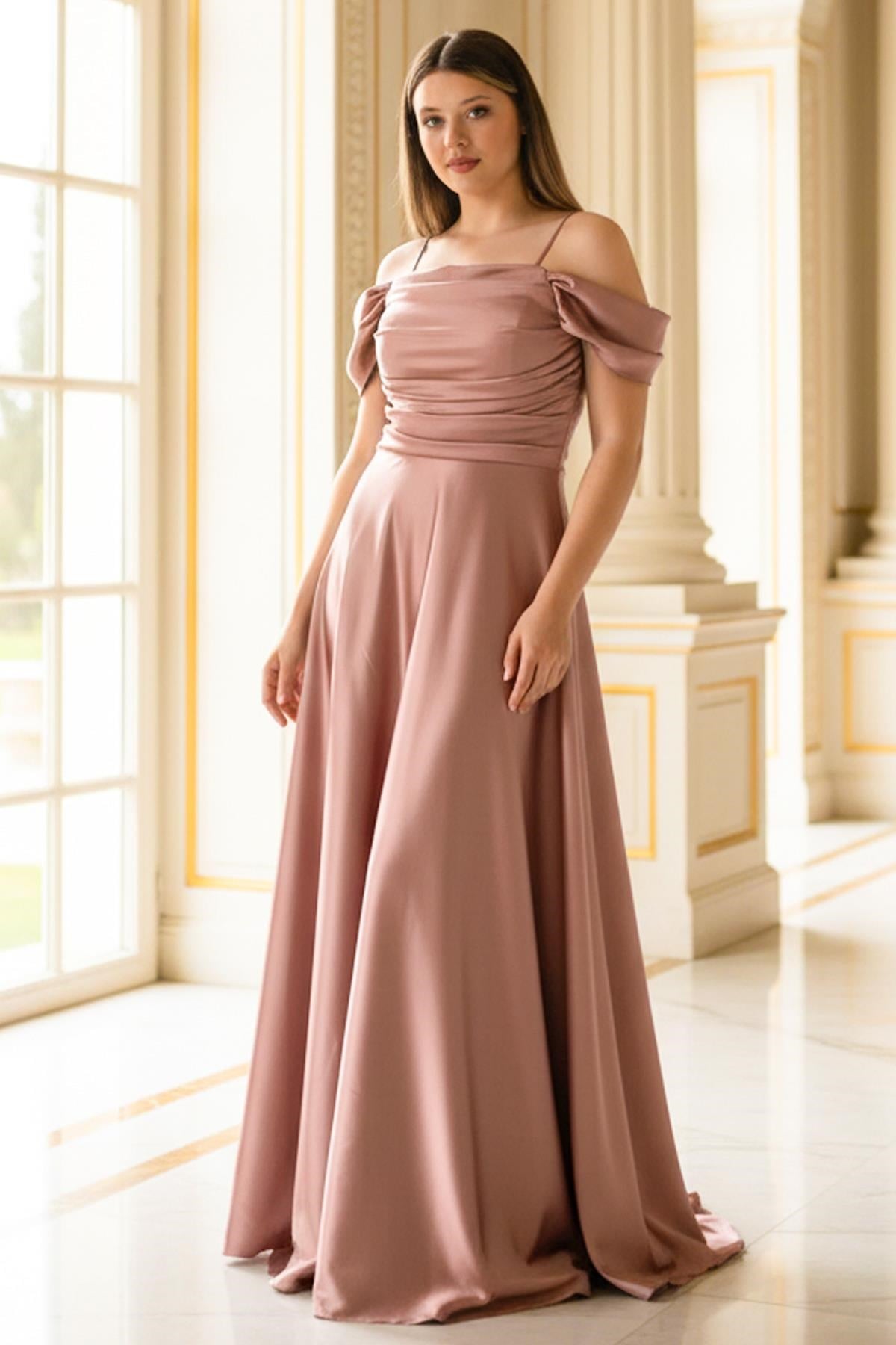Askılı Saten Abiye Elbise Gül Kurusu MDV388MDV388-LİLAModaviki
