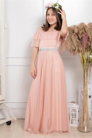 Frill Detailed Silvery Tulle Evening Dress Salmon Color MDV314