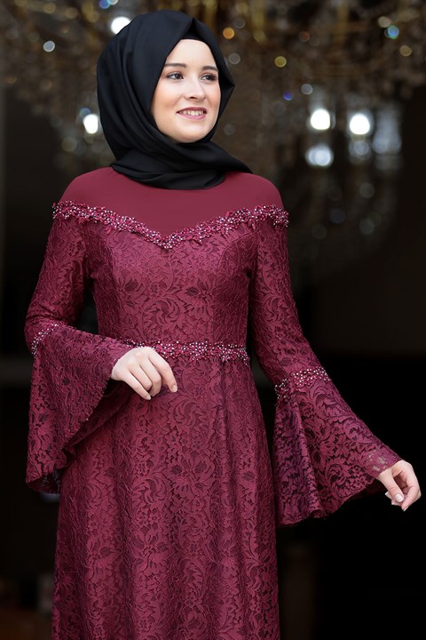 Dress - Lace - Full Lined - High Collar - Claret Red - AMH184 | Modavina