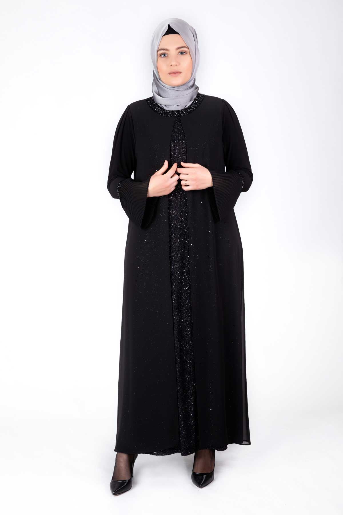 Büyük Beden Tesettür Abiye Elbise Siyah 50011 | Modavina