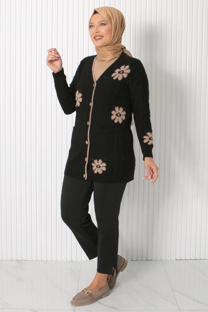 ÇİÇEK DESENLİ TRİKO HIRKA34014-SİYAHFahima Elite