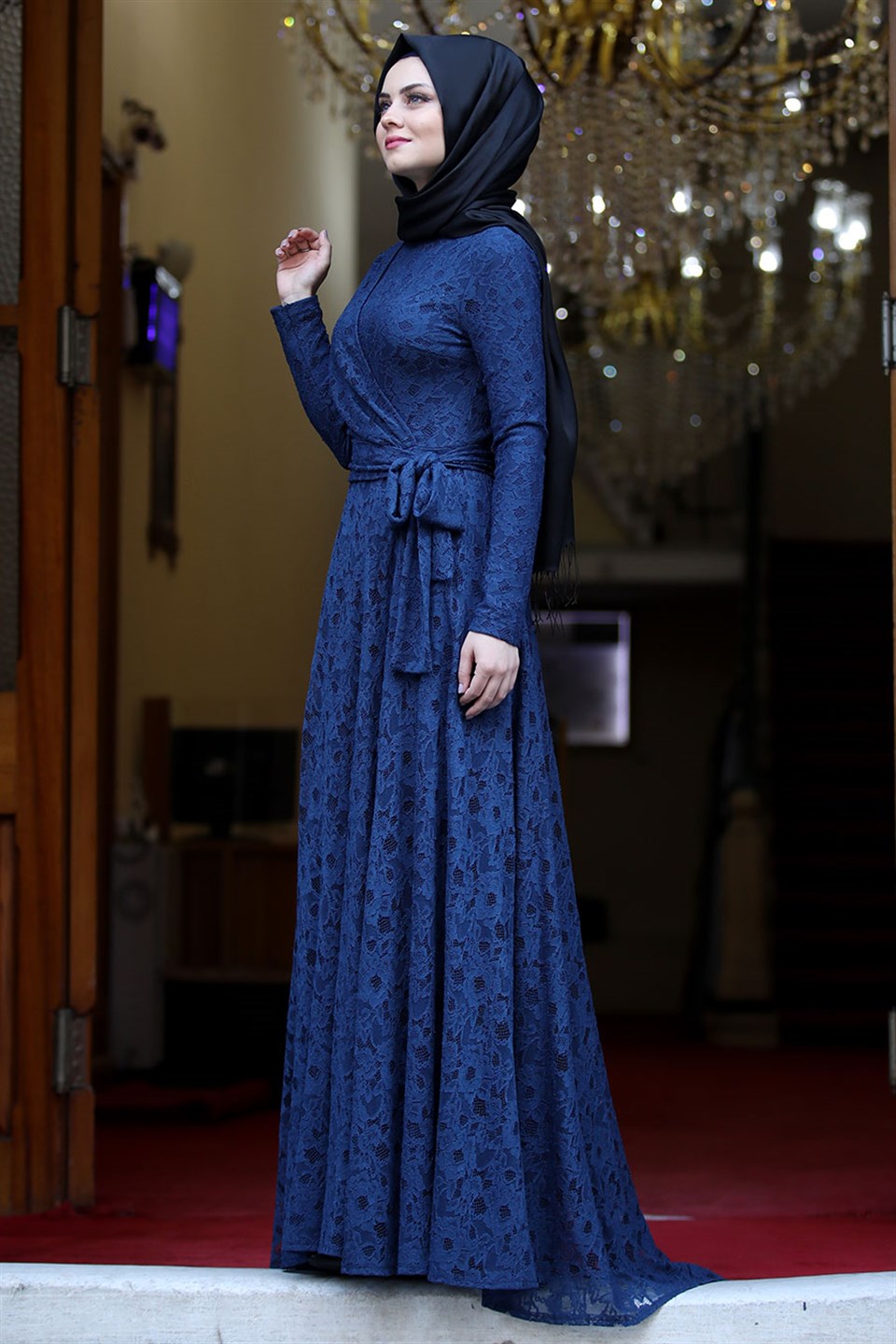 Dress - Lace - Lined - High Collar - Indigo Blue - AHN20 | Modavina