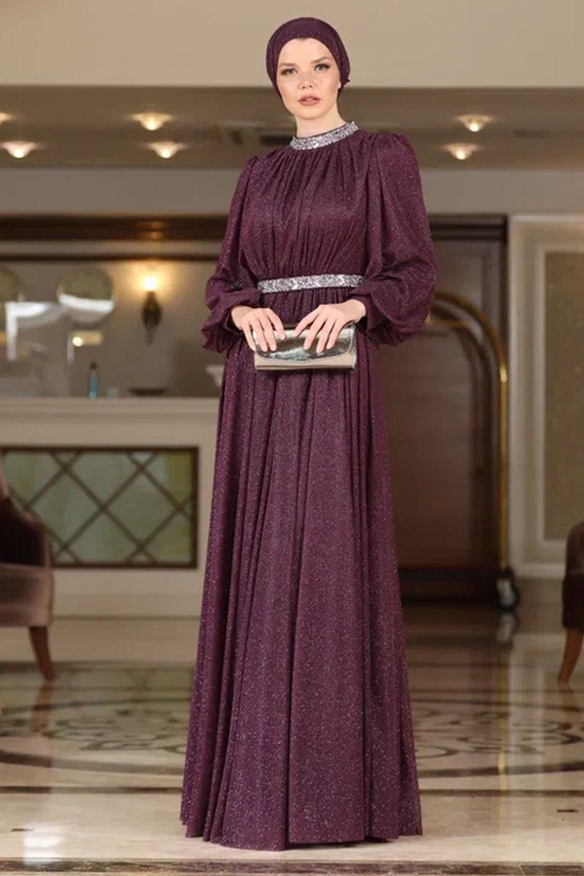 Stone Embroidered Silvery Tulle Evening Dress Plum AHN230AHN230-MÜRDÜMAhunisa