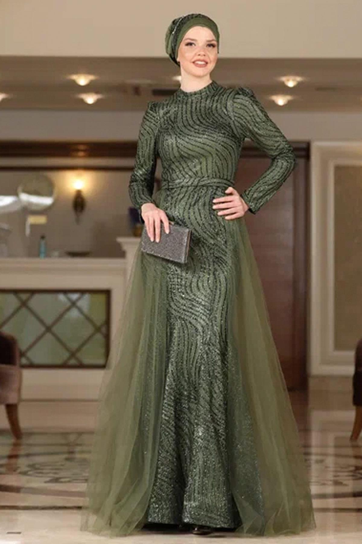 Silvery Evening Dress Emerald AHN234AHN234-ZÜMRÜTAhunisa