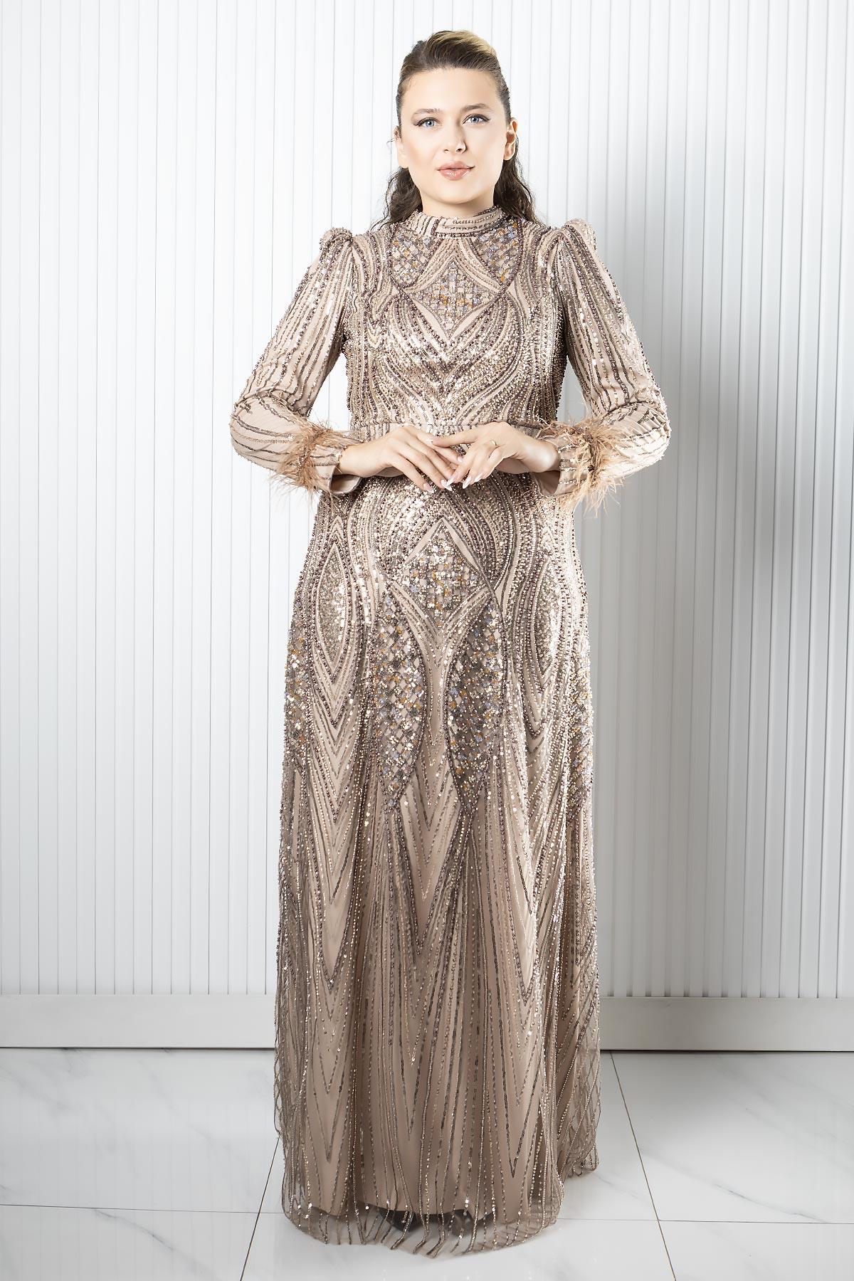 Taş Payet İşlemeli AbiyeAHN270-BEJAhunisa