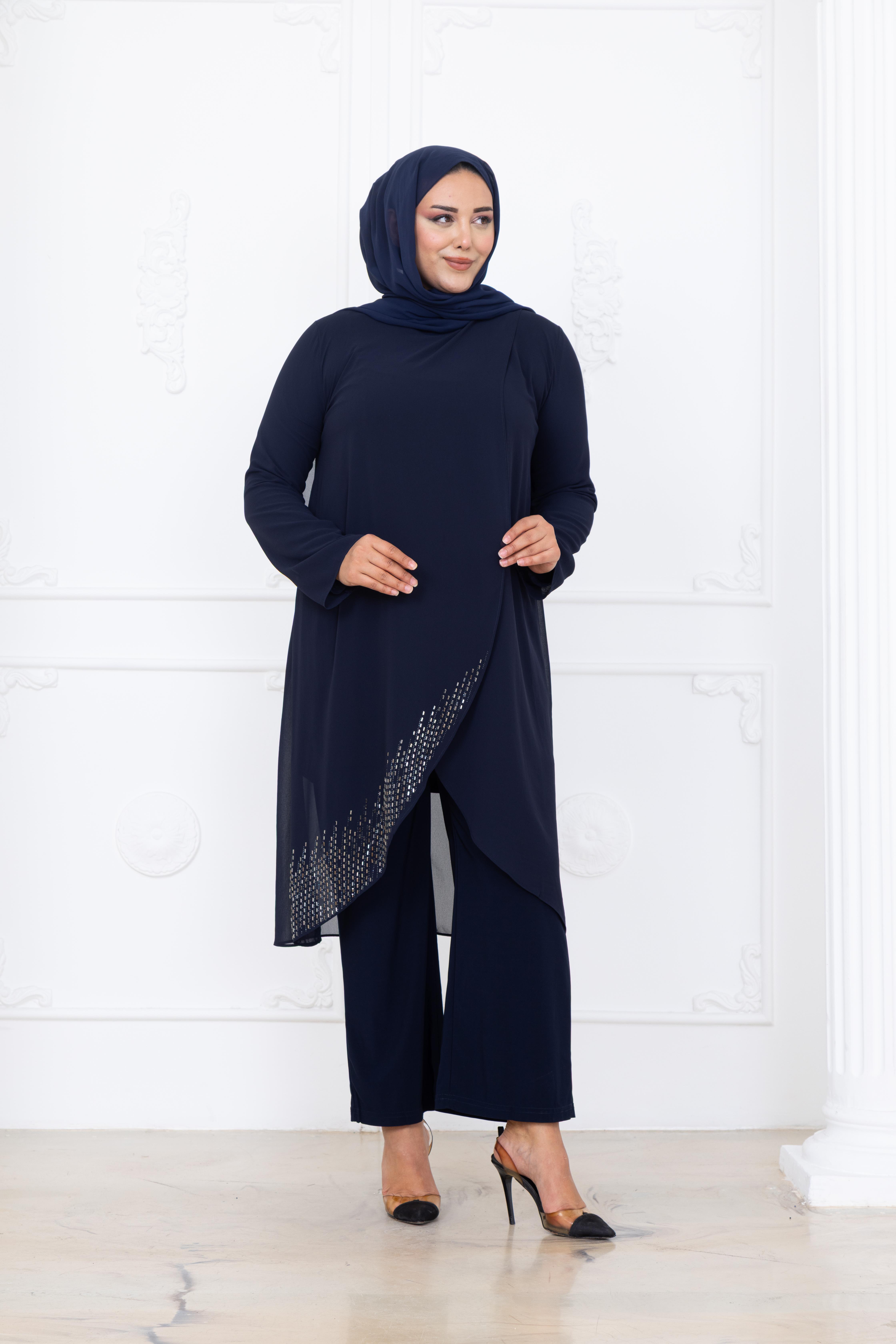 Esin Şifon Taşlı Tesettür Takım AMH1082AMH1082-LACİVERTAmine Hüma