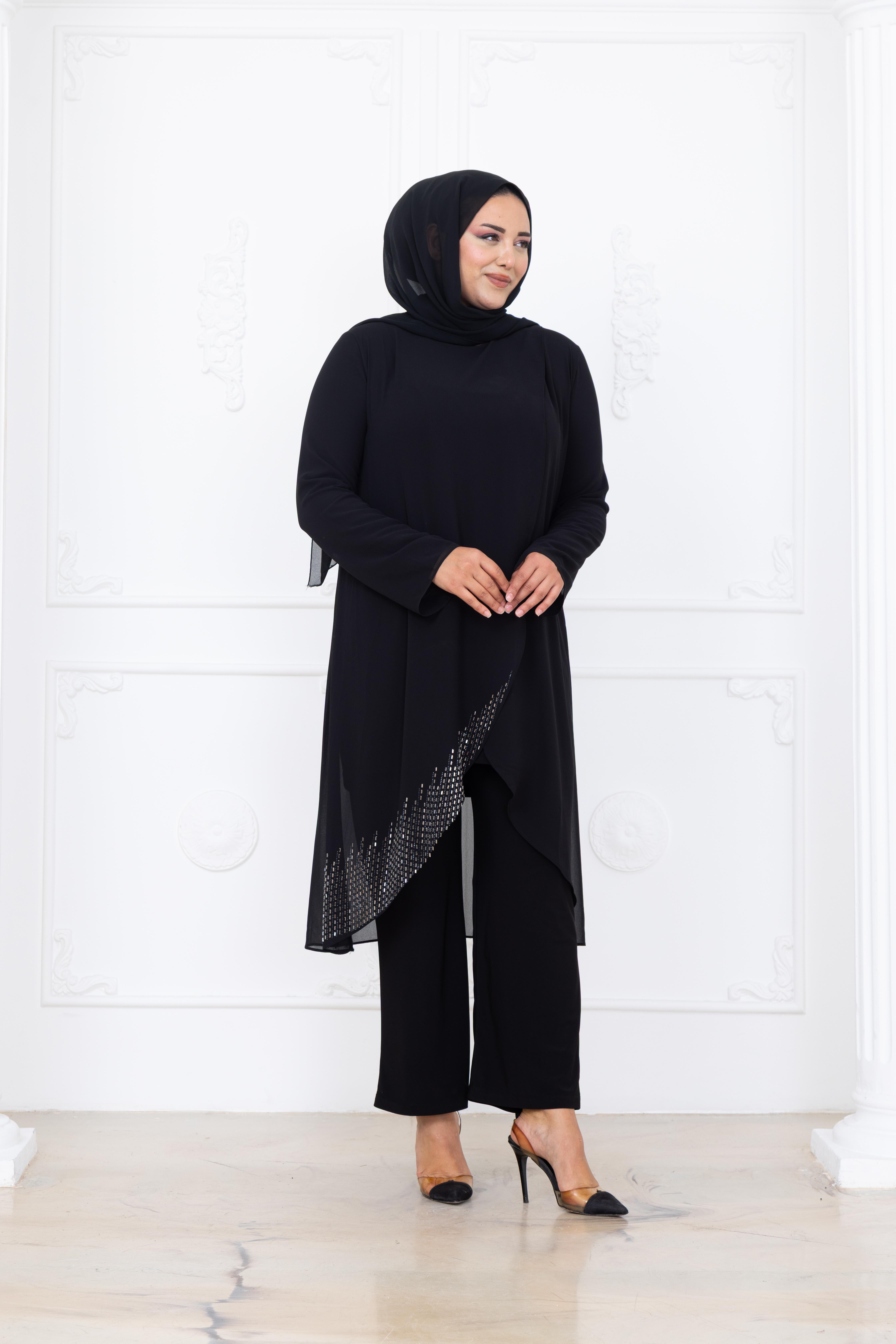 Esin Şifon Taşlı Tesettür Takım AMH1082AMH1082-SİYAHAmine Hüma