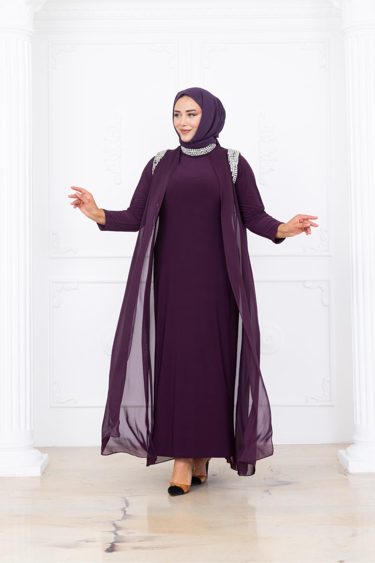 Zambak Şifon İncili Tesettür AbiyeAMH1088-MÜRDÜMAmine Hüma