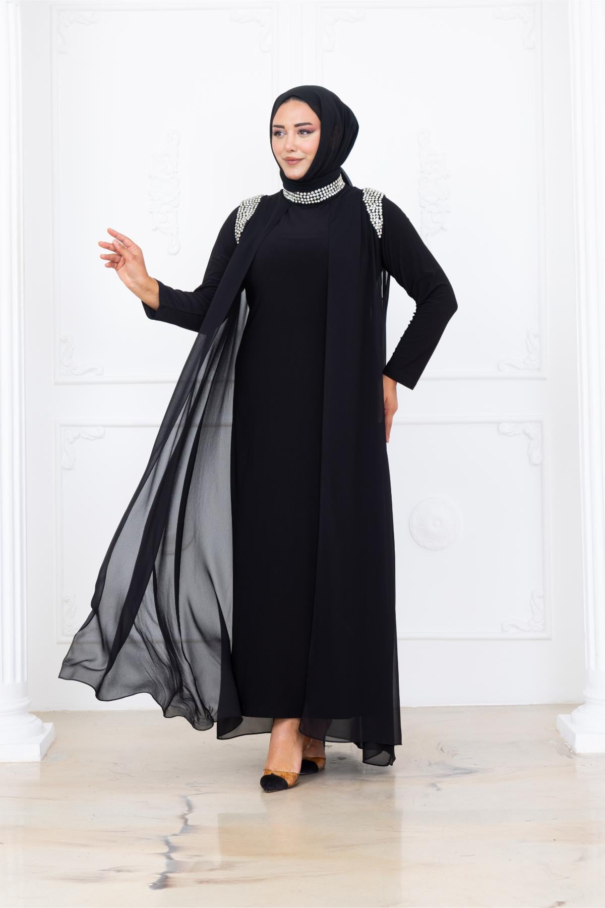 Zambak Şifon İncili Tesettür AbiyeAMH1088-SİYAHAmine Hüma