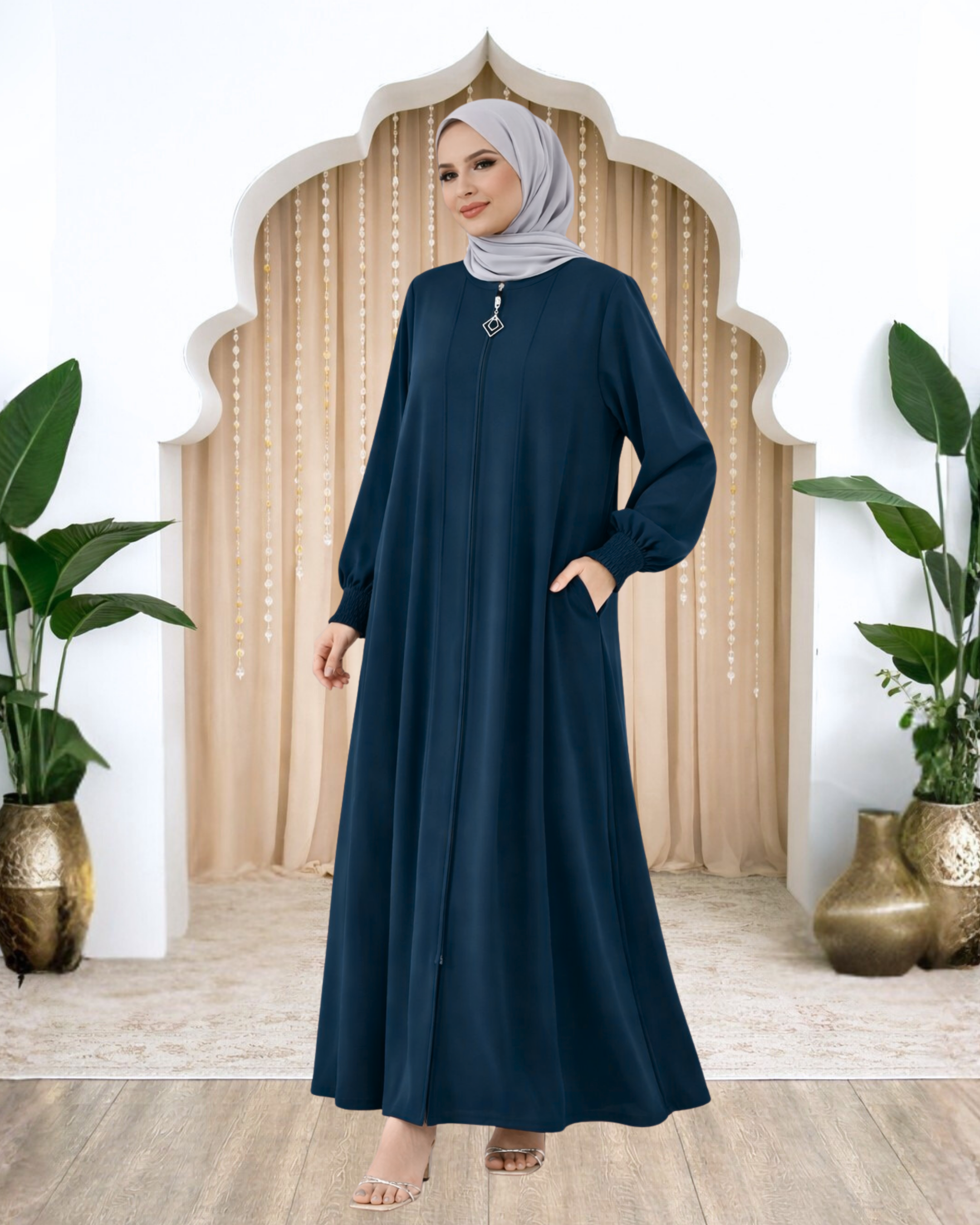 Seval Kolu Büzgülü Parçalı FeraceAMH1150-PetrolAmine Hüma