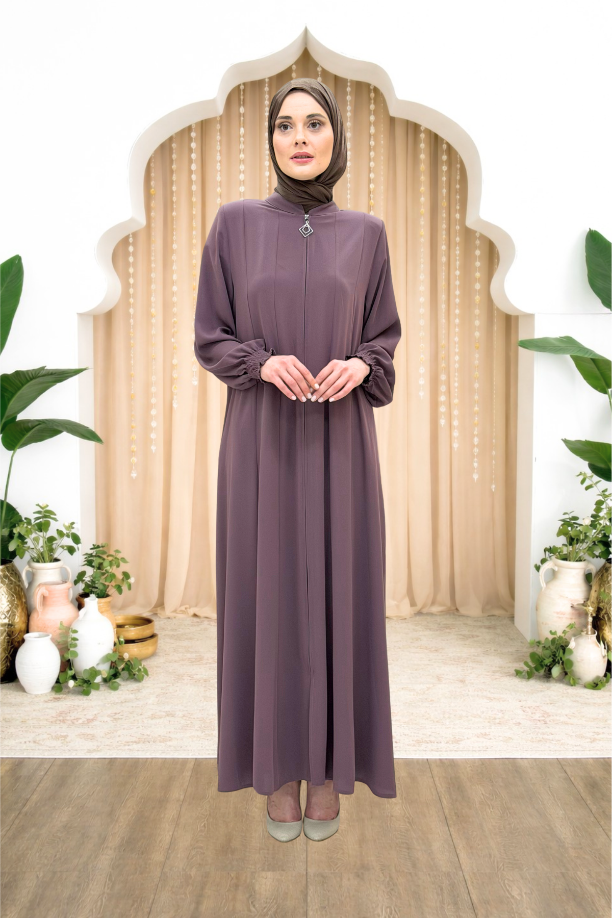 Seval Kolu Büzgülü Parçalı FeraceAMH1150-PudraAmine Hüma